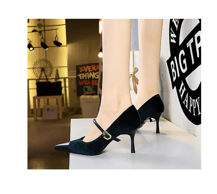 Suede Buckle Strap Pointed Toe Stiletto Pumps for Women