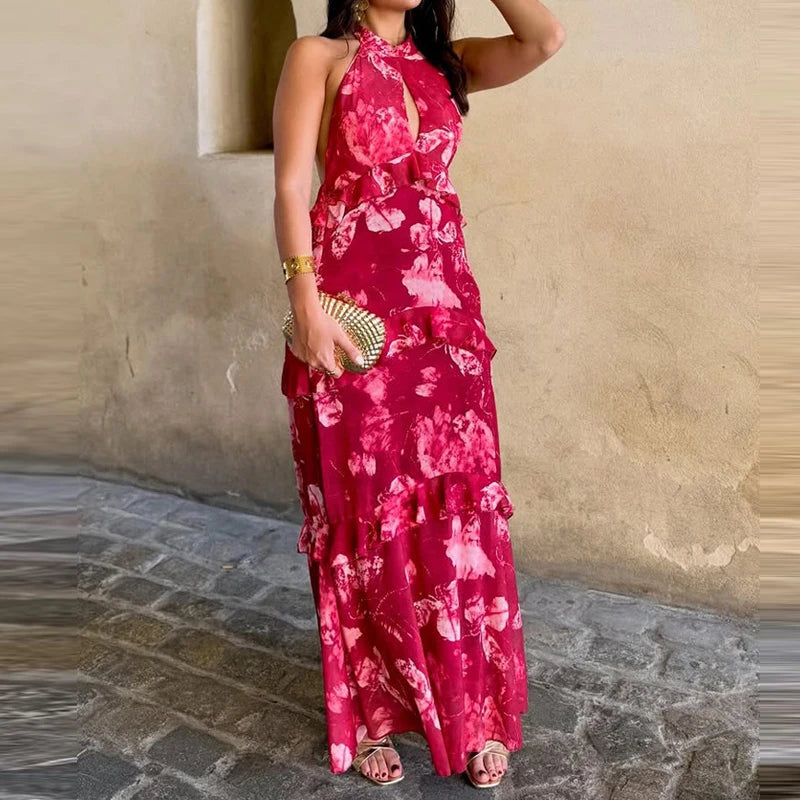 Bohemian Floral Print Sleeveless Ankle Length Dress for Women