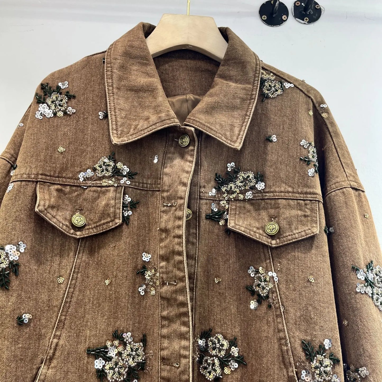 Distressed Denim Jacket With Rhinestone Embellishments For Women