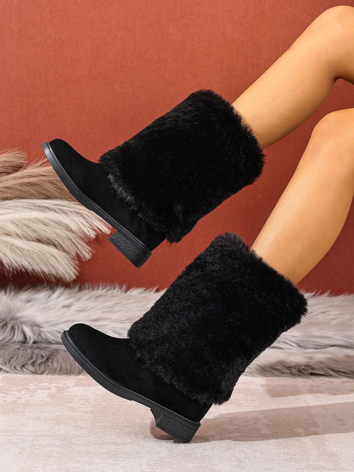 Plush Faux Fur Slip On Mid Calf Winter Snow Boots For Women