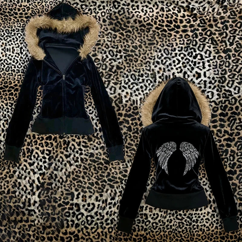 Fur Collar Wing Pattern Zipper Hoodie Coat for Women
