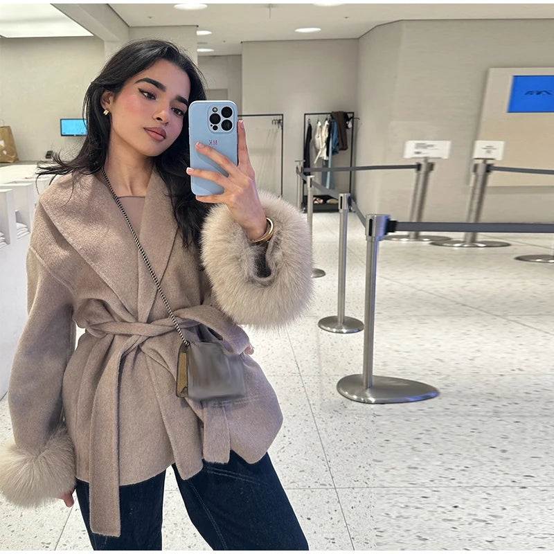 Plush Cuffs Belt Women 's Coats Elegant Lapel Faux Fur Sleeve Twist Open Coat Female 2025 Autumn Winter Fashion Lady Streetwears