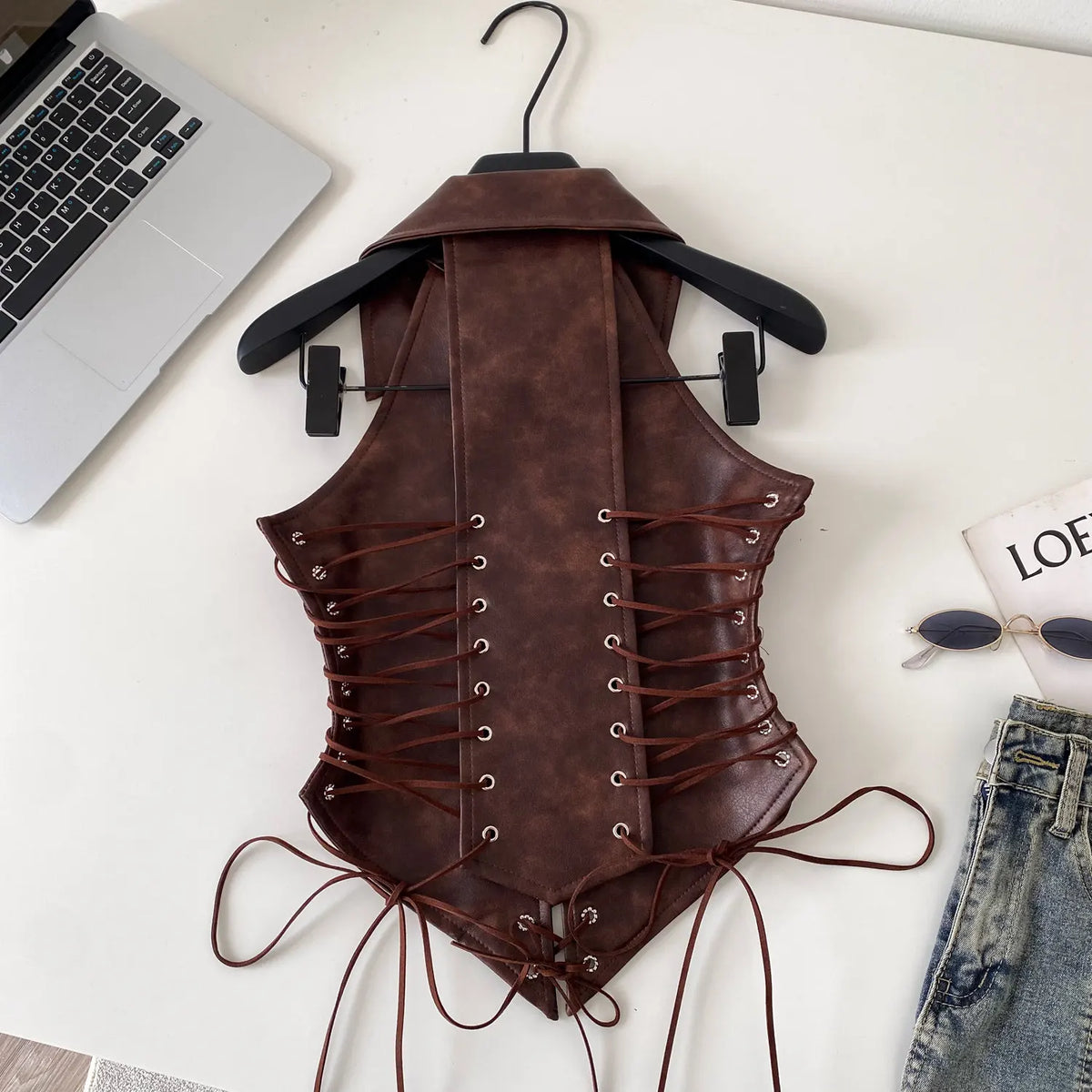 Retro Lace Up Faux Leather Sleeveless Bustier Top for Women