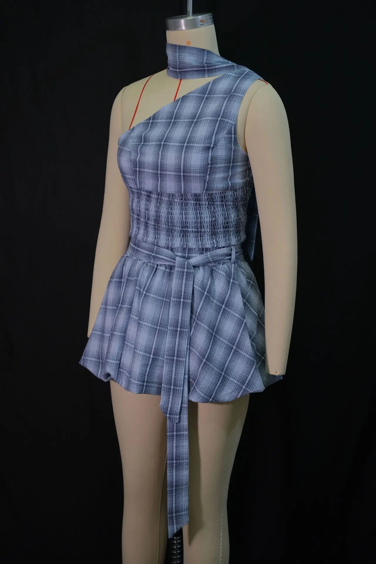 Blue Plaid Halter Cutout Mini Two Piece Set for Women