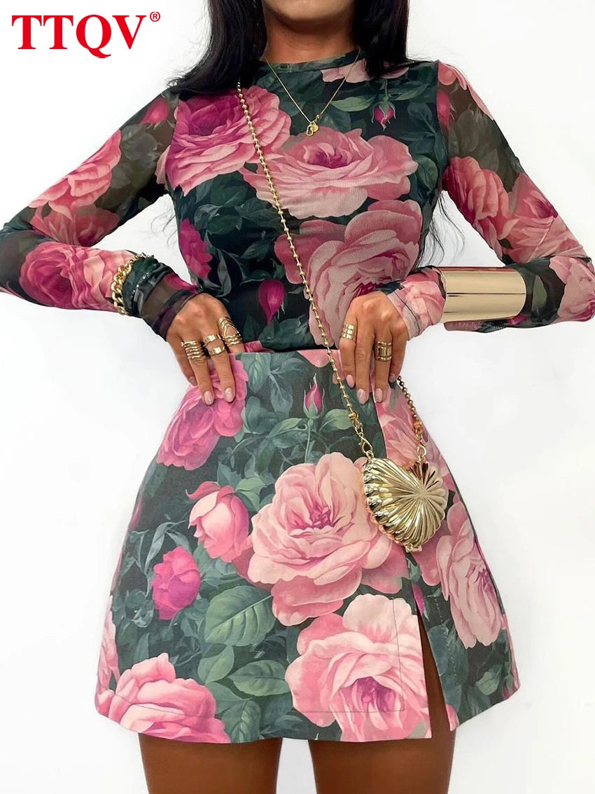 Printed Long Sleeve Shirt and Mini Skirt Two Piece Set for Women