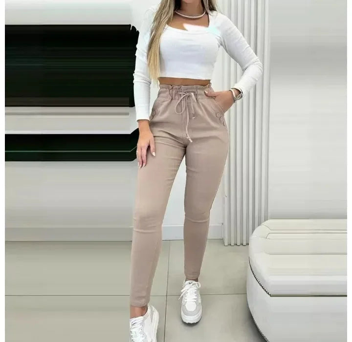 Casual Skinny Pants Women Fashion Drawstring Waist Button Decor Lined High Waist Pocket Daily Trousers Y2k 2024 Spring Autumn