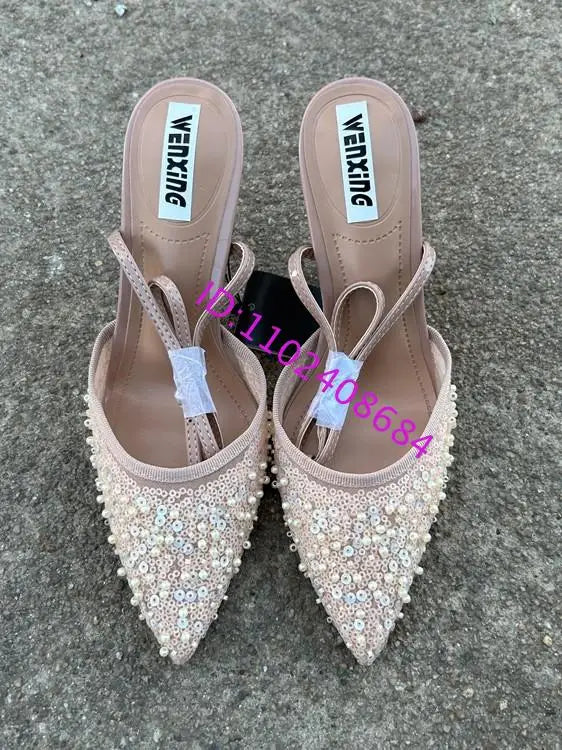 Elegant Glitter Beaded Slingback High Heel Sandals for Women