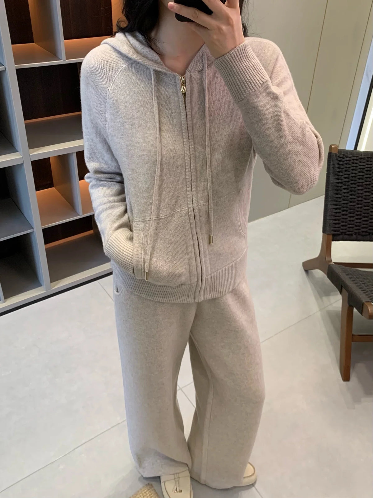 Hooded Knit Two Piece Set With Elastic Waist Pants For Women