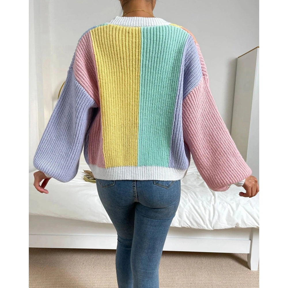 Autumn Women Rainbow Open Stitch Sweater Knitted Cardigan Fashion Long Sleeve Colorblock Striped Longline Casual Long Coat
