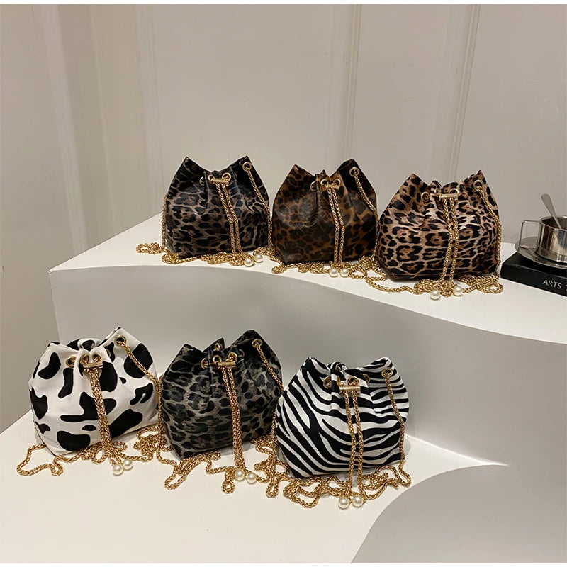 New Leopard Print Bag Fashion Cow Pattern Drawstring Bucket Bag Texture Brand Design Crossbody Bag Lady Versatile Storage Bag