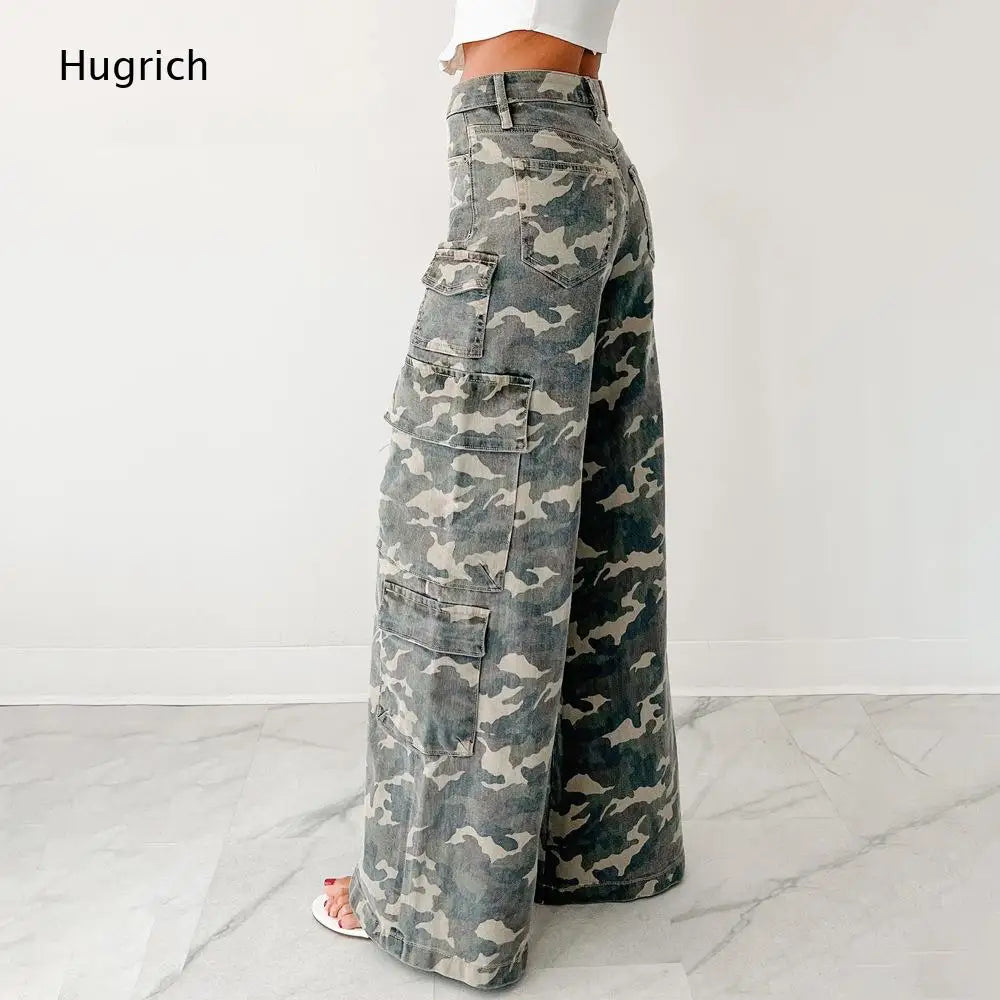 High Waist Camouflage Wide Leg Cargo Pants for Women