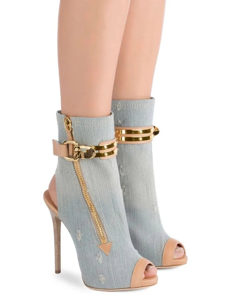 Distressed Denim Open Toe Stiletto Heel Ankle Boots With Gold Buckle for Women