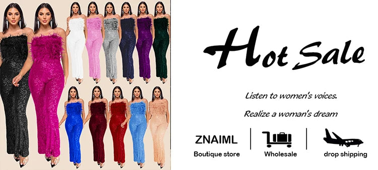 Znaiml New Luxury Sequins Jumpsuit with Colorful Feathers Sleeveless Shiny Dress Women's Evening Birathday One Pieces Rompers
