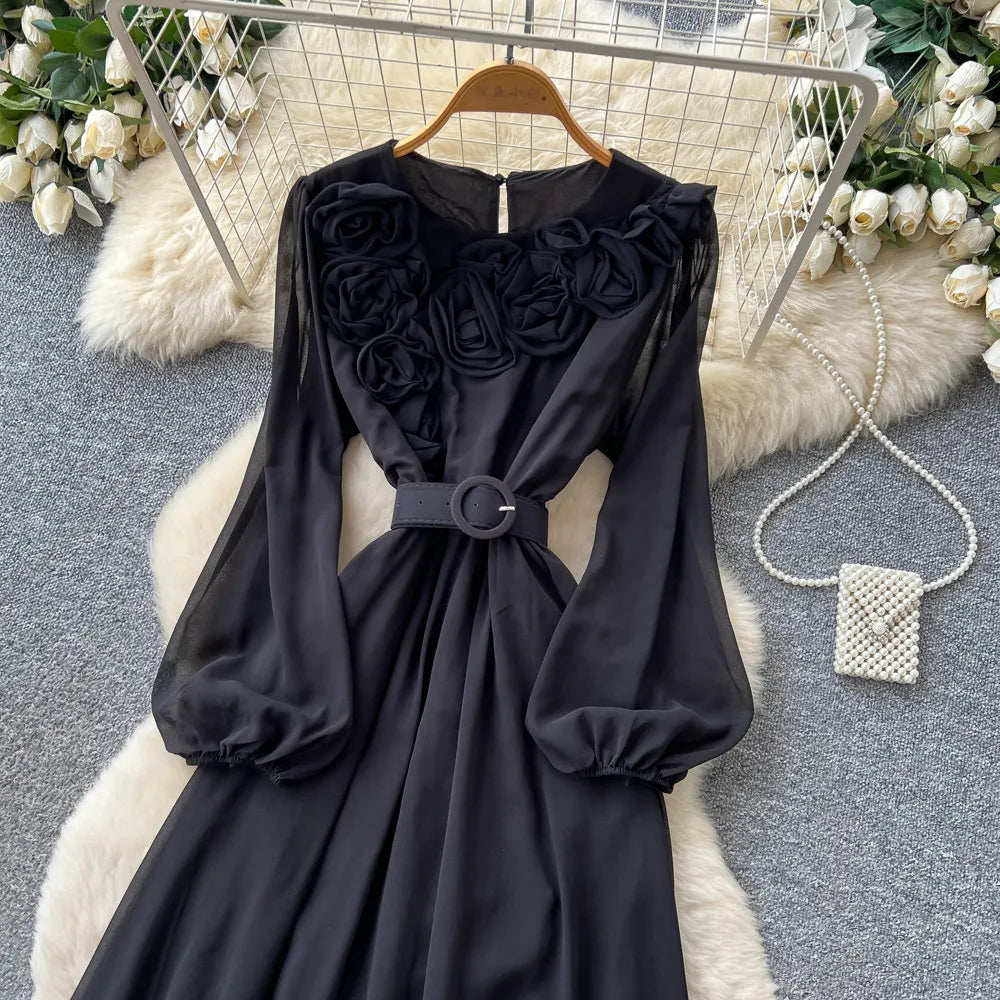 Floral Lace V Neck Long Sleeve A Line Midi Dress for Women