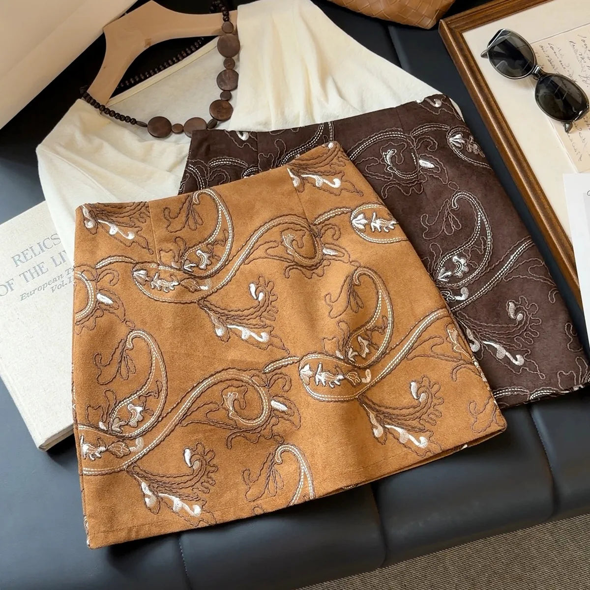 Embroidered Suede A-Line Mini Skirt