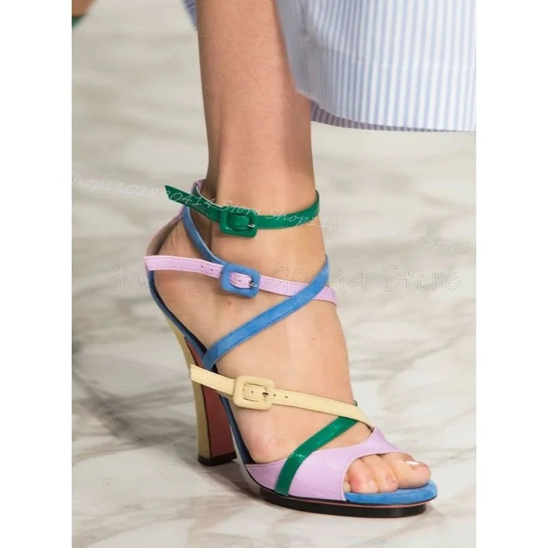 Multi Color Strappy Peep Toe Buckle Sandals For Women