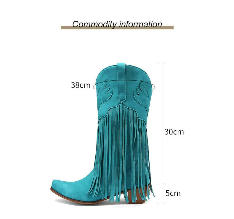 Retro Western Style Mid Calf Boots With Block Heel Tassels For Women