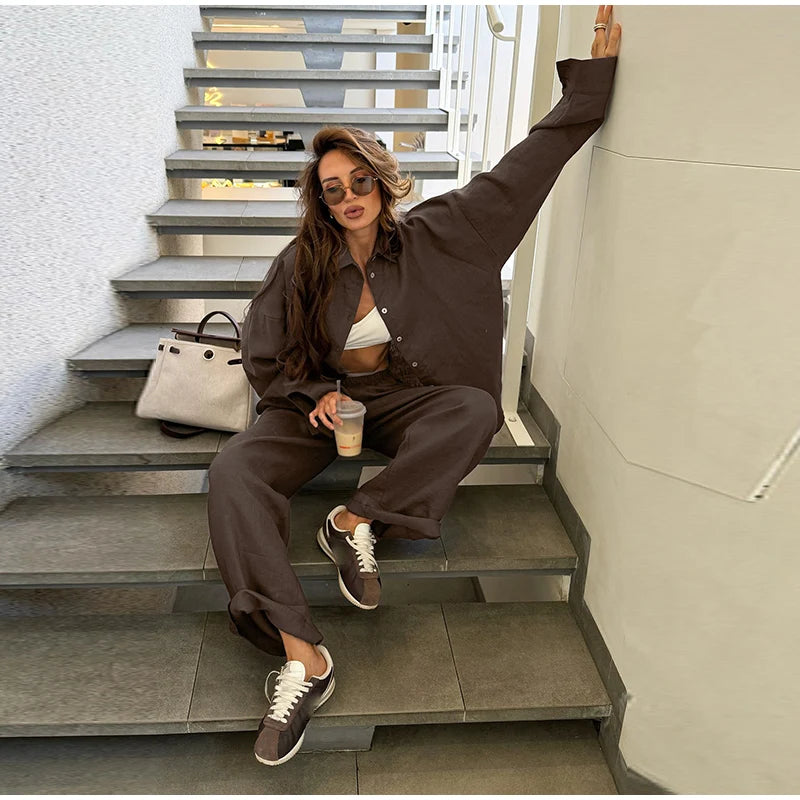 Casual Solid + Shirt and Wide Leg Pants Set + for Women