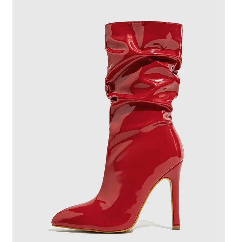 High Heel Patent Leather Pleated Ankle Boots for Women