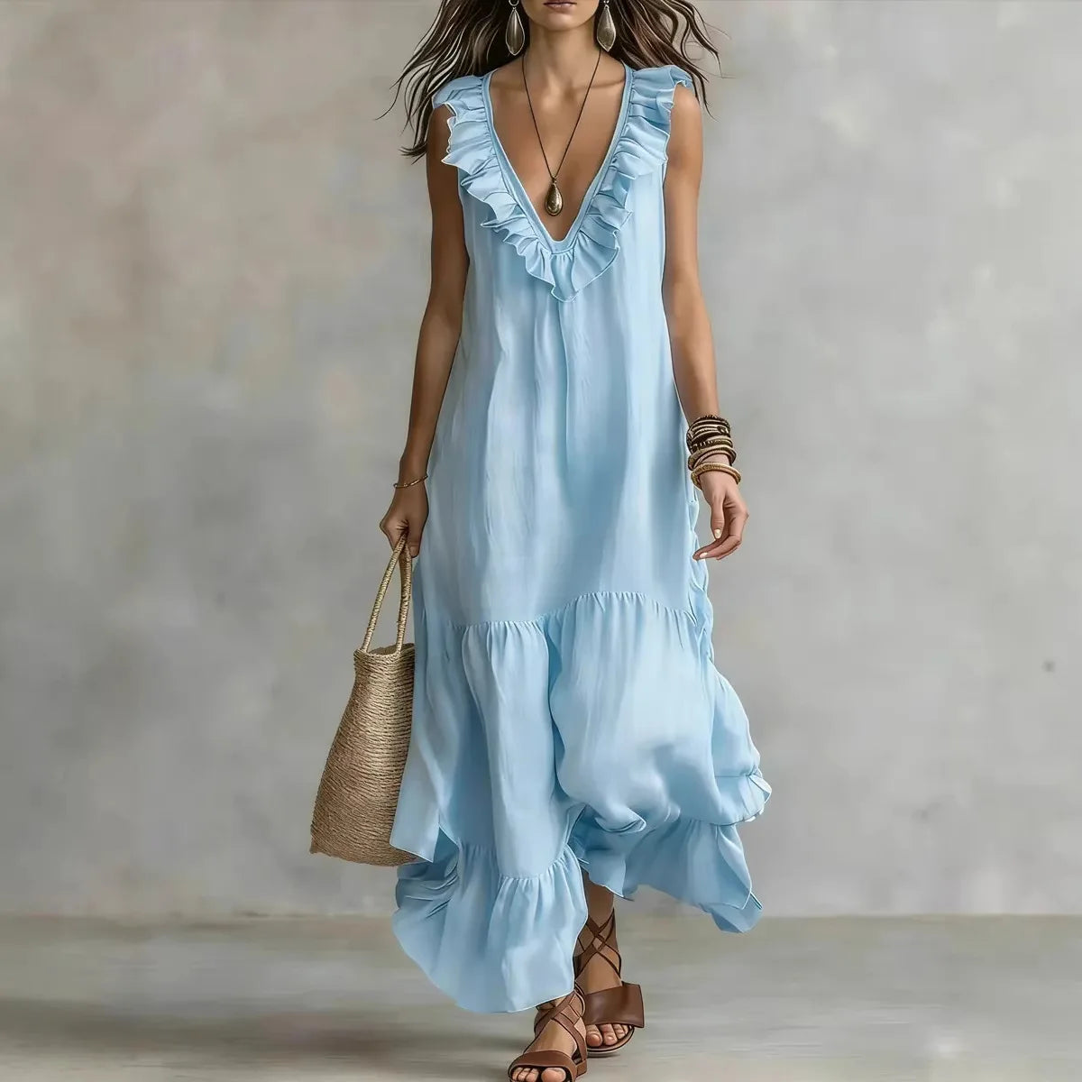 Spaghetti Strap V Neck Ruffle Trim Tiered Loose Flowy Maxi Dress for Women