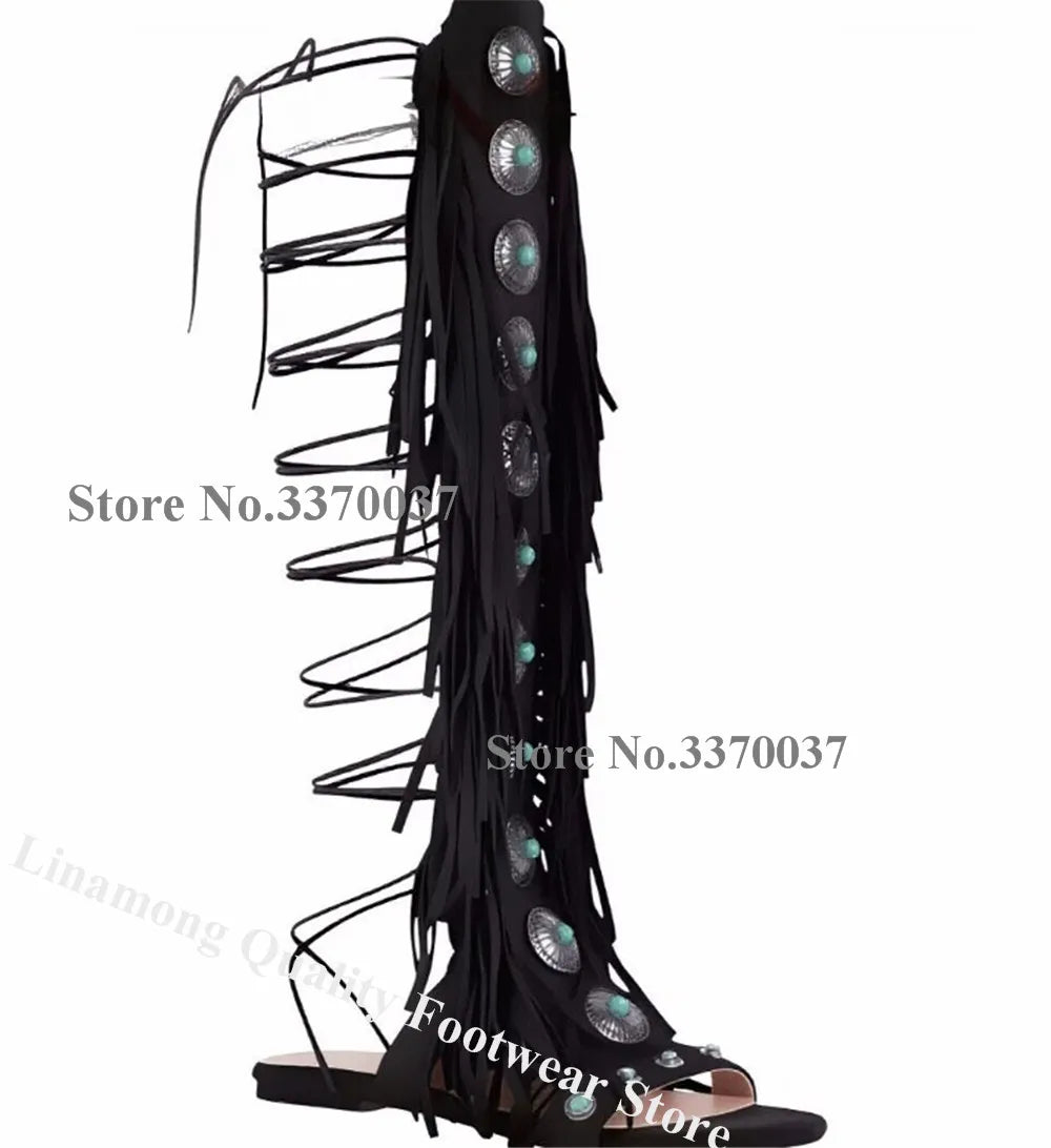 Open Toe Rhinestone Suede Fringe Gladiator Boots for Women