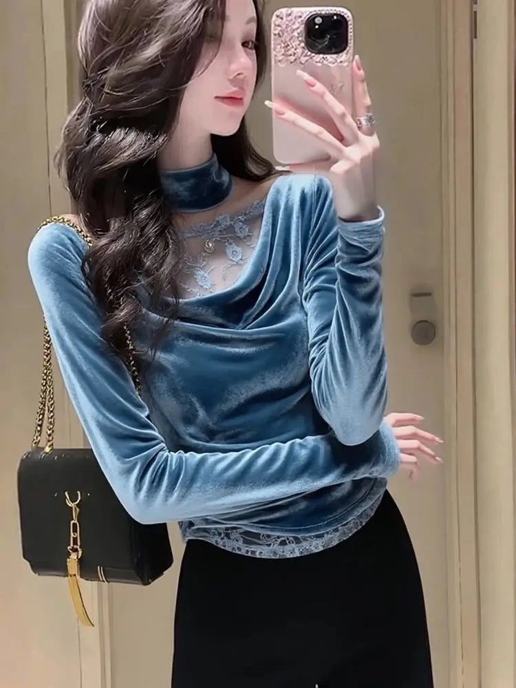 Elegant Blue Velvet Lace Trim Slim Fit Blouse For Women