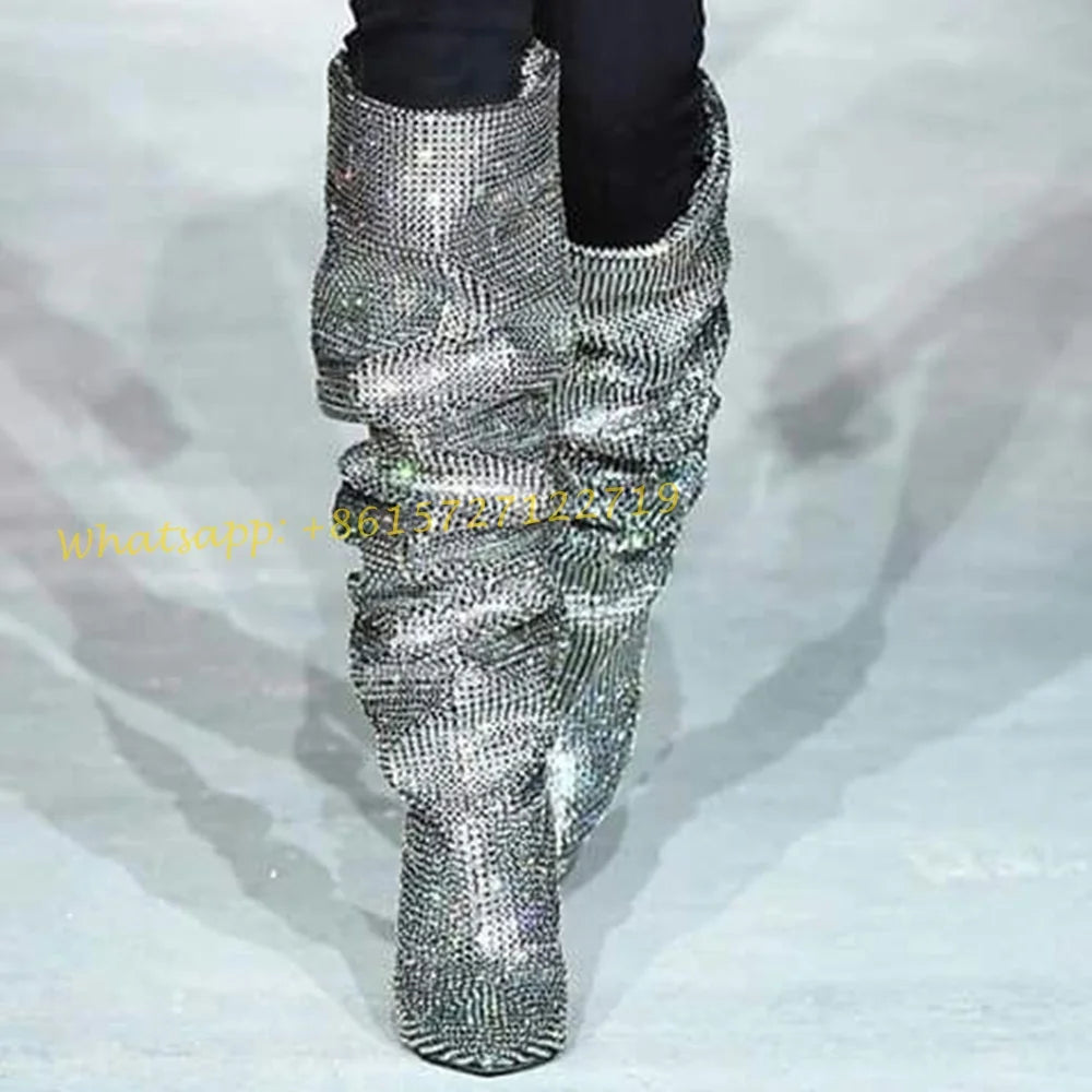 Elegant Crystal Pleated Knee High Wedge Boots for Women