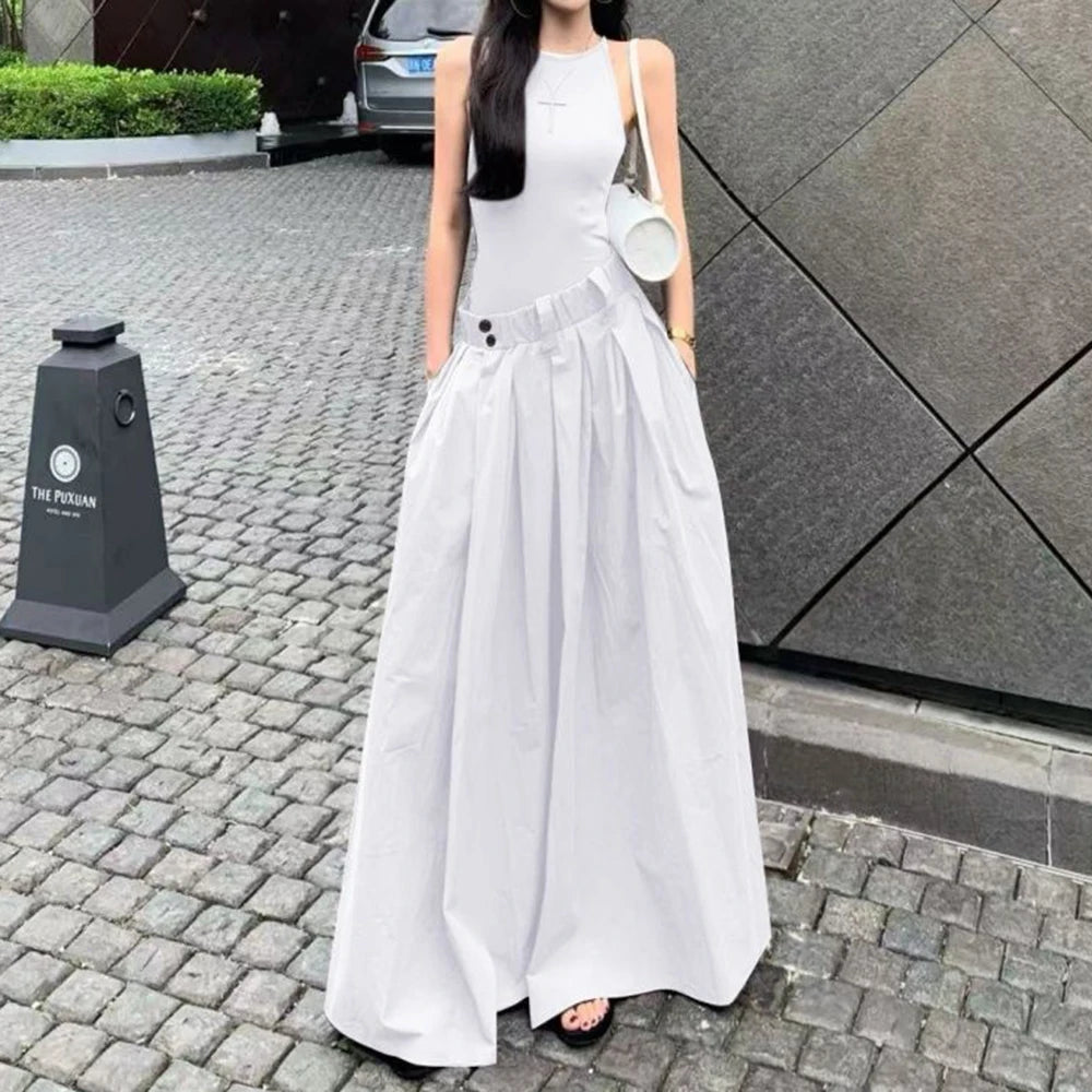 Gray High Waist Button Placket Midi Dress For Women