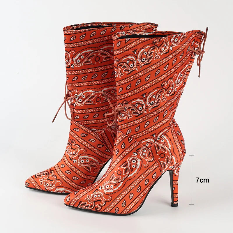 Camouflage Pointed Toe High Heel Mid-Calf Boots for Women