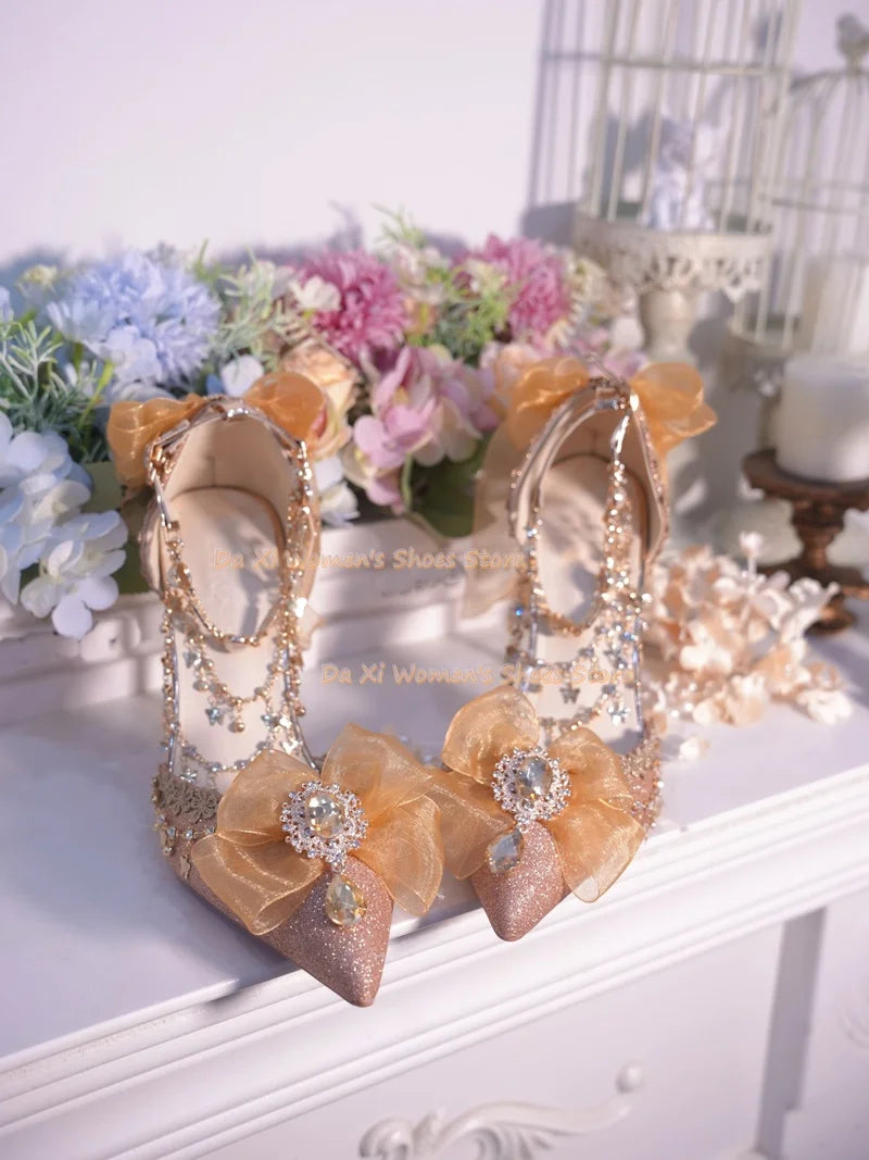 Elegant Pink Bow And Rhinestone Stiletto Wedding Pump For Women