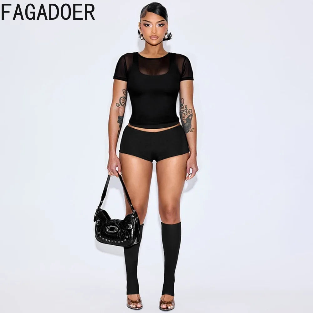 Sexy Mesh Patchwork Crop Top and Shorts Set for Women