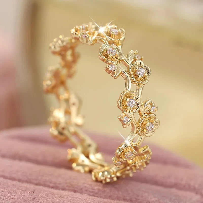 White CZ Flower Cocktail Ring With Gold Tone