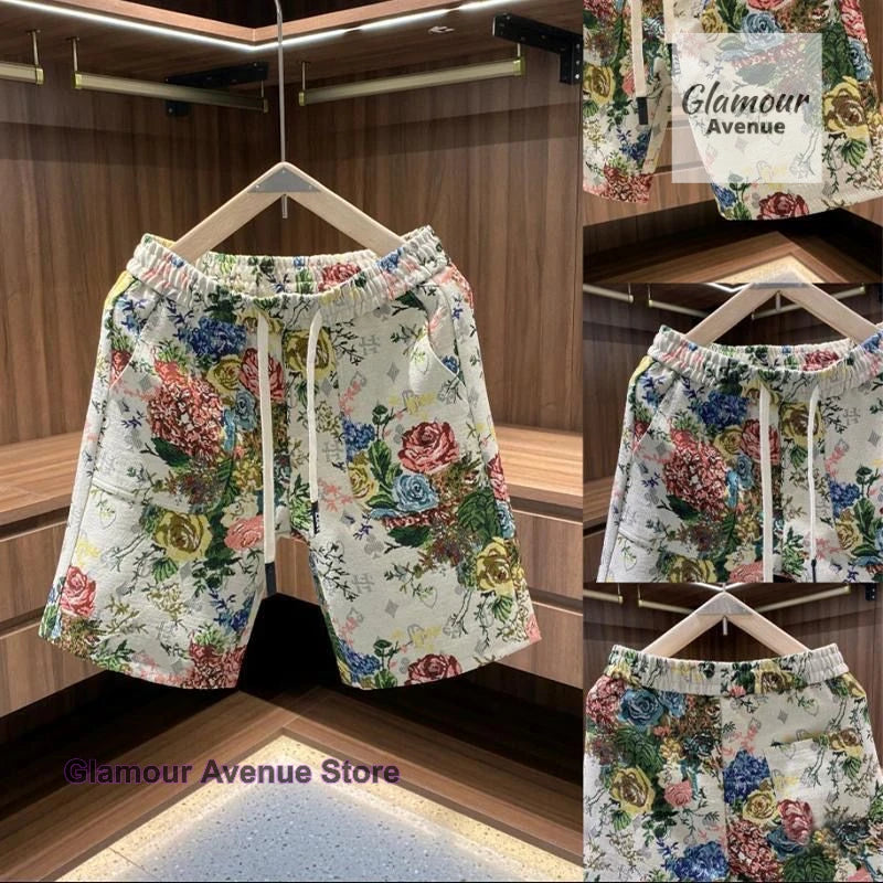 Korean retro painted rose flower shorts women's summer new fashion personalized beach pants fashion printed casual pants.