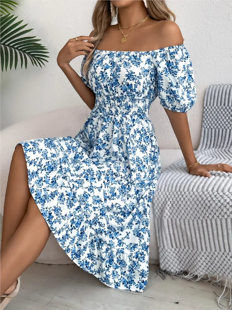 Floral Square Neck Short Sleeve High Waist Swing Dress for Women