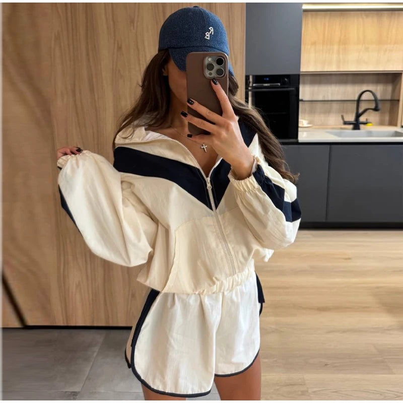 Color Block Zip Jacket and Shorts Tracksuit for Women