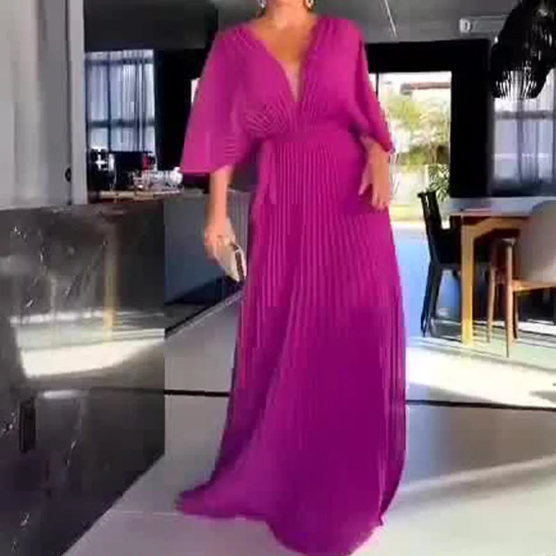 Solid Color V-Neck Bat-Sleeve High-Waisted Dress for Women