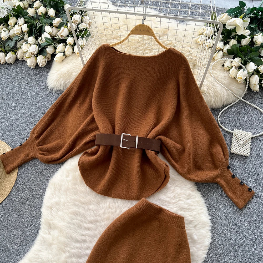 Batwing Sleeve Knit Top and High Waist Skirt Set for Women