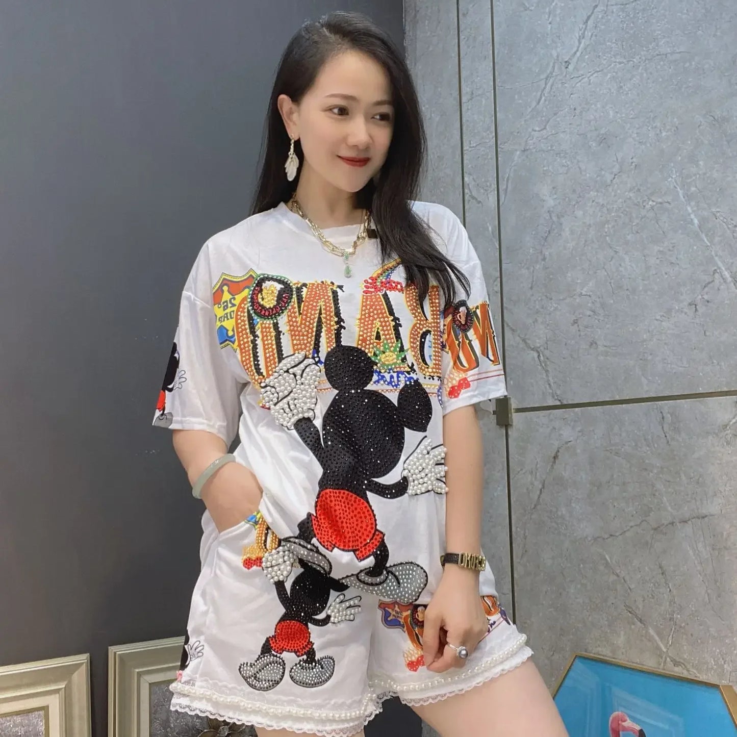 Heavy Industry Rhinestone Hot Fixed Short Sleeve T-shirt Summer New Casual Suit Top and Shorts 2 Piece Sets Womens Outfits