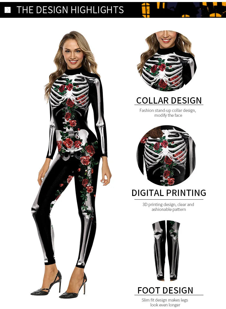Cosplay Rose Skeleton Print Halloween Jumpsuit for Women