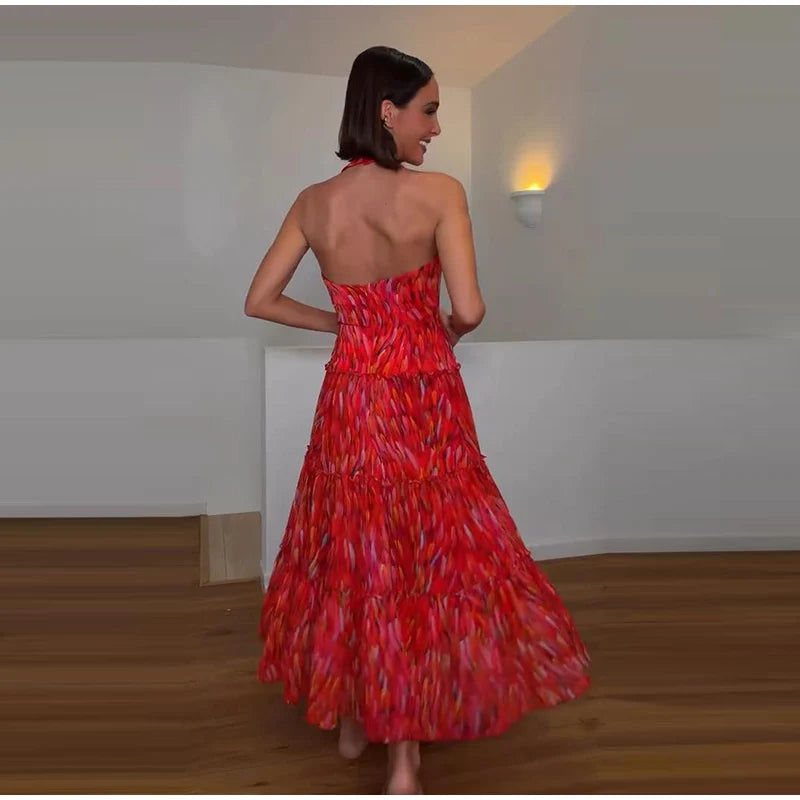 Printed Halter Neck Maxi Dress and Cropped Jacket Set for Women