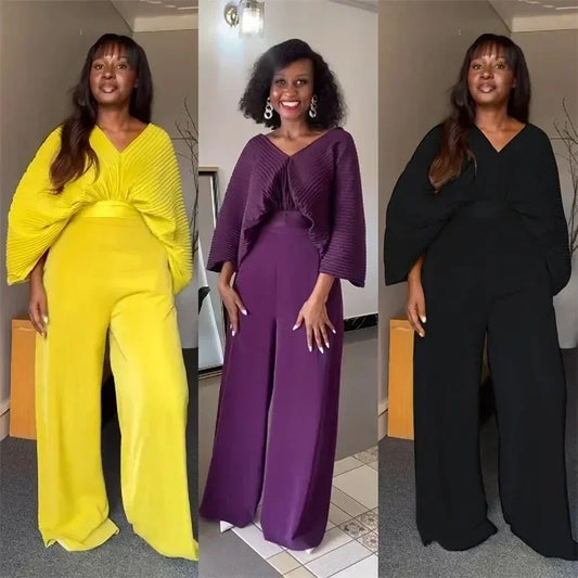 Pleated Blouse V Neck Full Sleeve and Wide Leg Pants Women Loose 2 Pieces Sets Elegant Office Ladies African Outfits 2025
