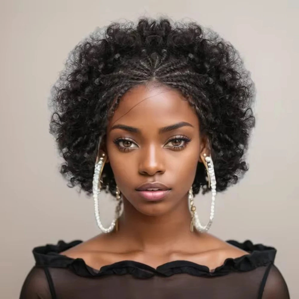 Kinky Curly Lace Front Braided Human Hair Wig for Women