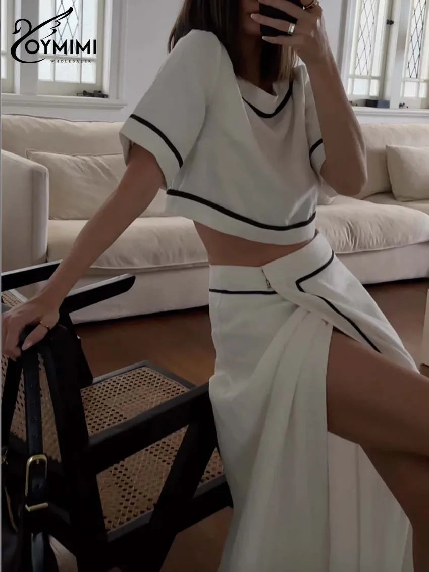 Oymimi Fashion White Cotton Two Piece Outfits Woman Elegant O-Neck Patchwork Short Sleeve Open Back Tops And Straight Skirts Set