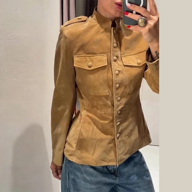 Vintage Stand Collar Single Breasted Military Coat For Women