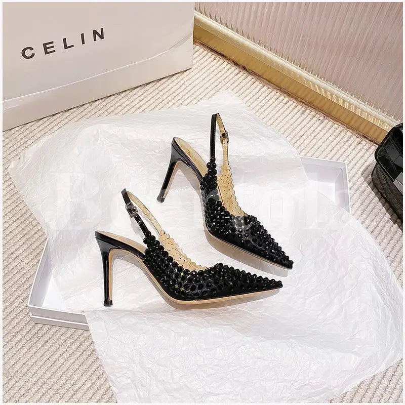 New Rhinestones Woman Sandals Diamond Pointed Toe Shallow Thin High Heels Back Strap Stilettos Female Wedding Bride Sandals