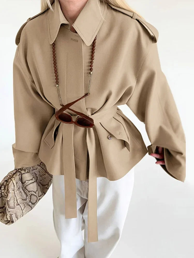 Elegant Belted Vintage Style With Stand Collar Coat for Women