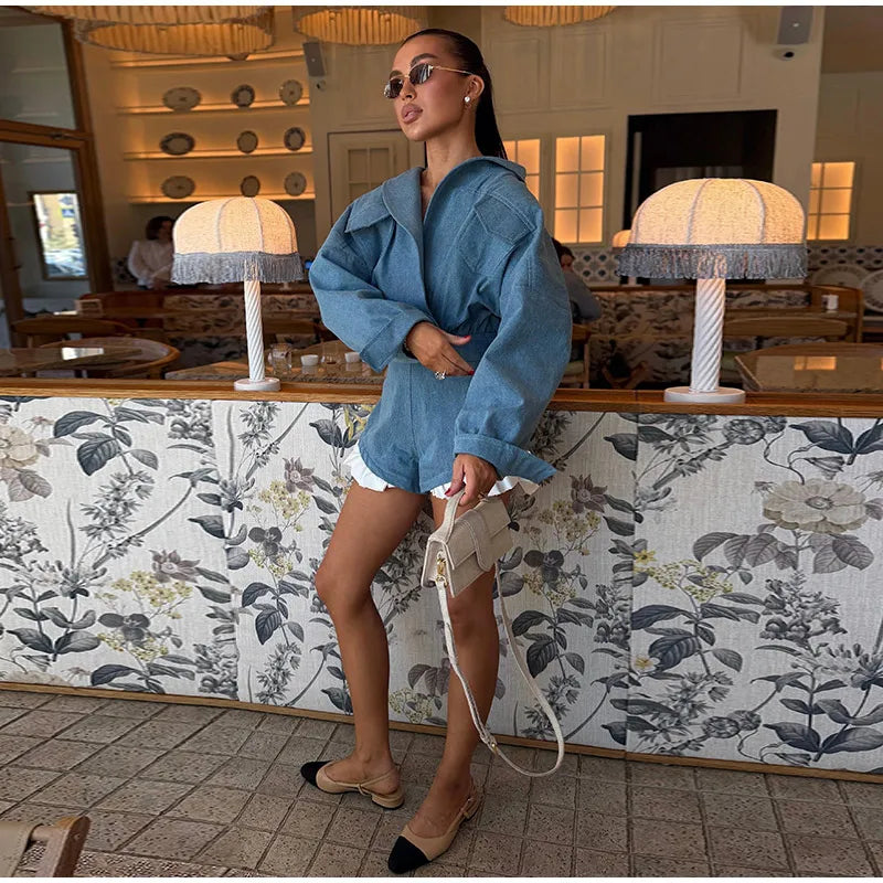 Lapel Jacket and Ruffle Hem Shorts Two-Piece Set for Women