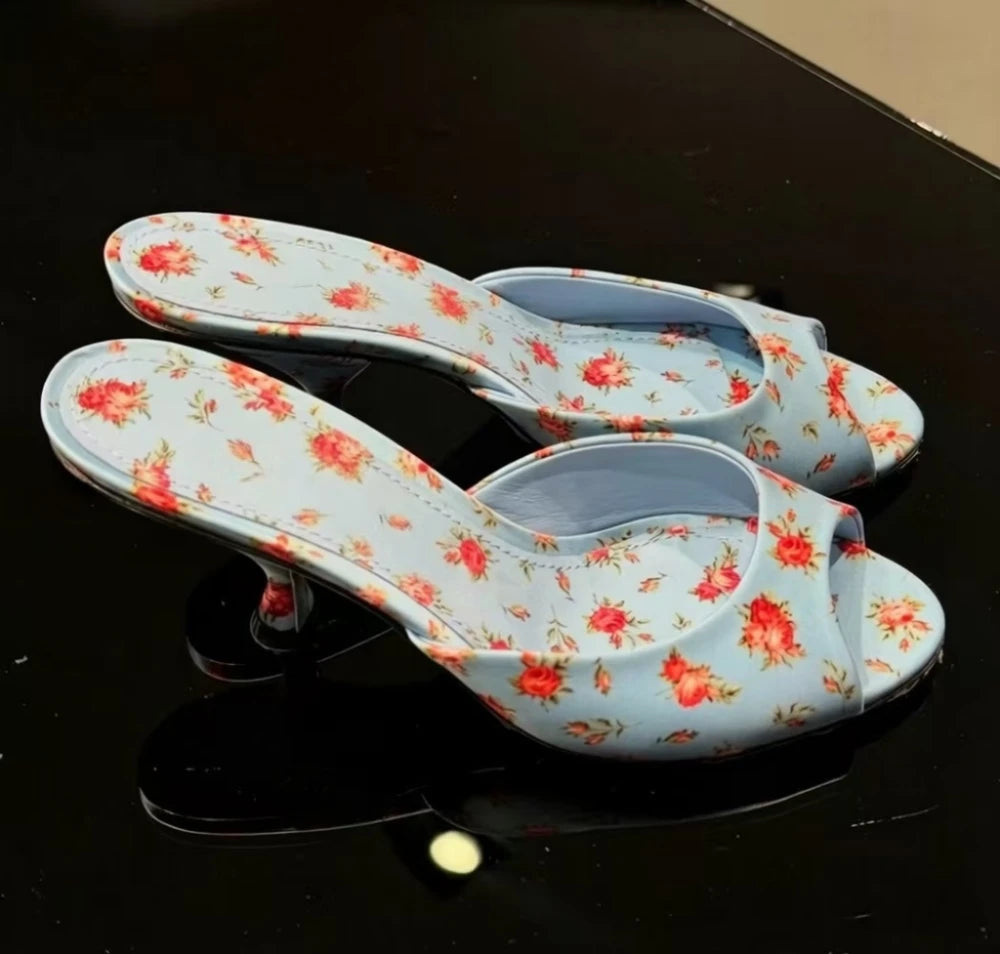 Light Blue Floral Peep Toe Sandals
