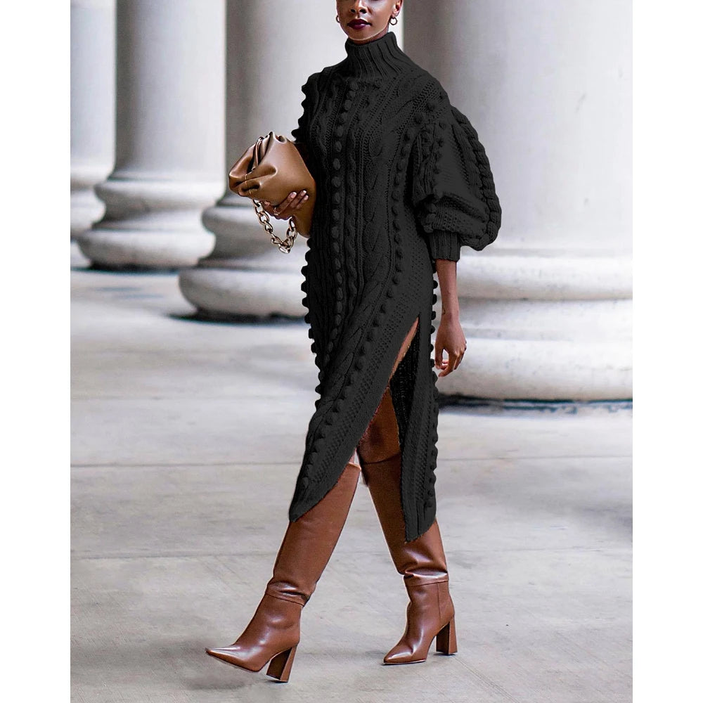 Autumn Women High Neck Twist Rope Lantern Sleeve Side Slit Knitted Sweater Dress New Fashion Femme Casual Dress Robe Clothing