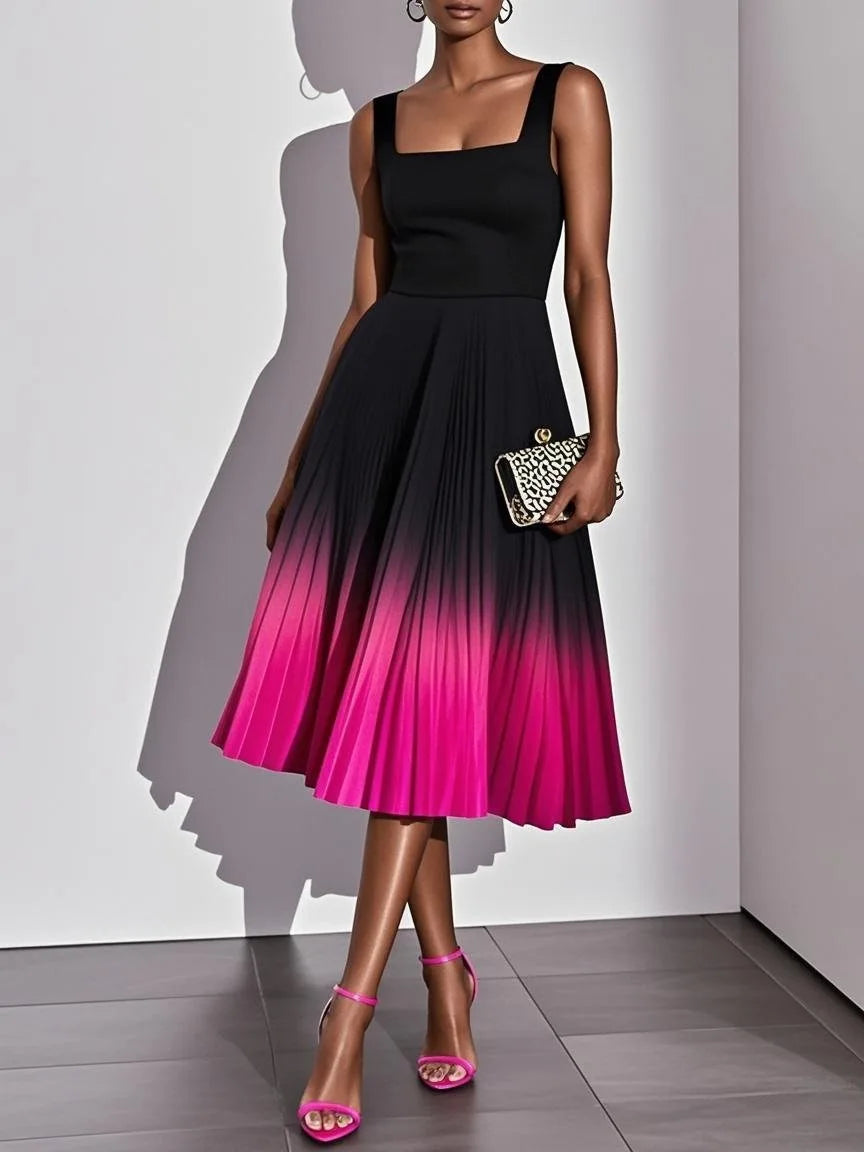 Sleeveless Gradient Print A Line Pleated Midi Dress for Women